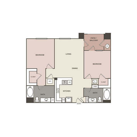 Floor plan for 2 beds, 2 baths, 1072 sqft